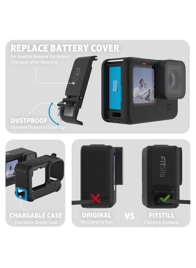 FiTSTILL FitStill Black Silicone Sleeve Case for Go Pro Hero 12/Hero 11/Hero 10/Hero 9 Black,Battery Side Cover&Screen Protectors& Lens Caps&Lanyard for Go Pro Hero 12/11/10/9 Black Accessories Kit - Image 3