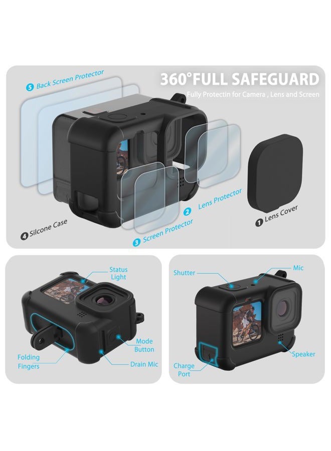 FiTSTILL FitStill Black Silicone Sleeve Case for Go Pro Hero 12/Hero 11/Hero 10/Hero 9 Black,Battery Side Cover&Screen Protectors& Lens Caps&Lanyard for Go Pro Hero 12/11/10/9 Black Accessories Kit - Image 5