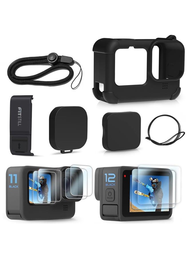 FiTSTILL FitStill Black Silicone Sleeve Case for Go Pro Hero 12/Hero 11/Hero 10/Hero 9 Black,Battery Side Cover&Screen Protectors& Lens Caps&Lanyard for Go Pro Hero 12/11/10/9 Black Accessories Kit - Image 1