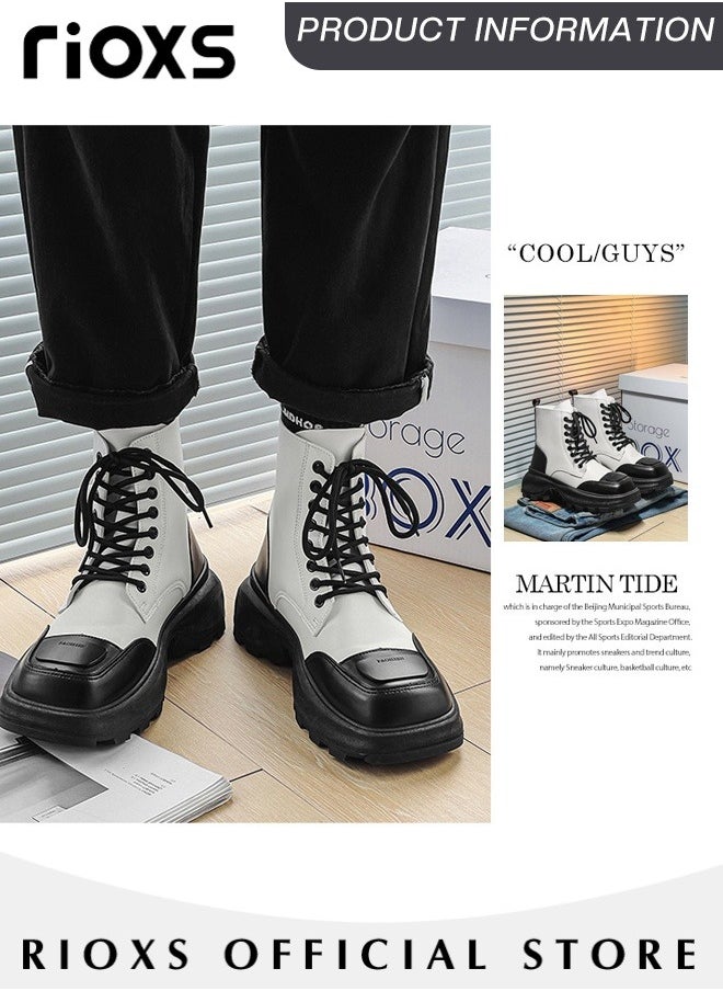 RIOXS - Men's Fall Winter Fashion Casual Ankle Boots Waterproof Leather Boots for Man 8-Eye Lace Up Mid-high Heel Boots With Comfortable Soles - Image 1