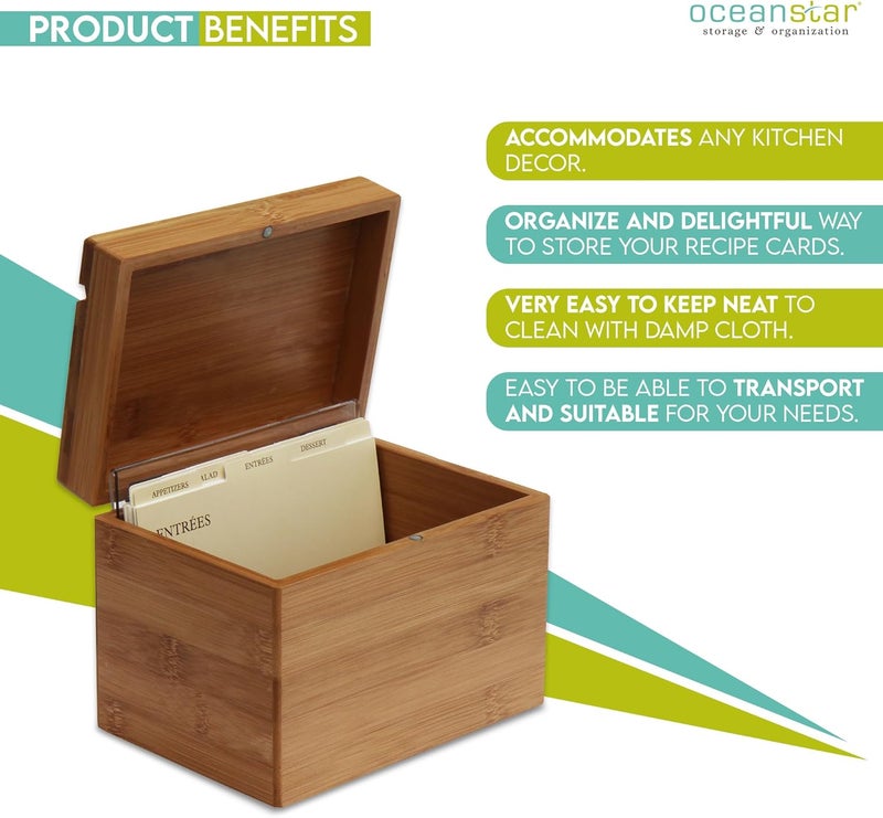 Oceanstar Bamboo Recipe Box with Divider, Natural, 6.80" W x 4.90" D x 5.10" H - Image 2
