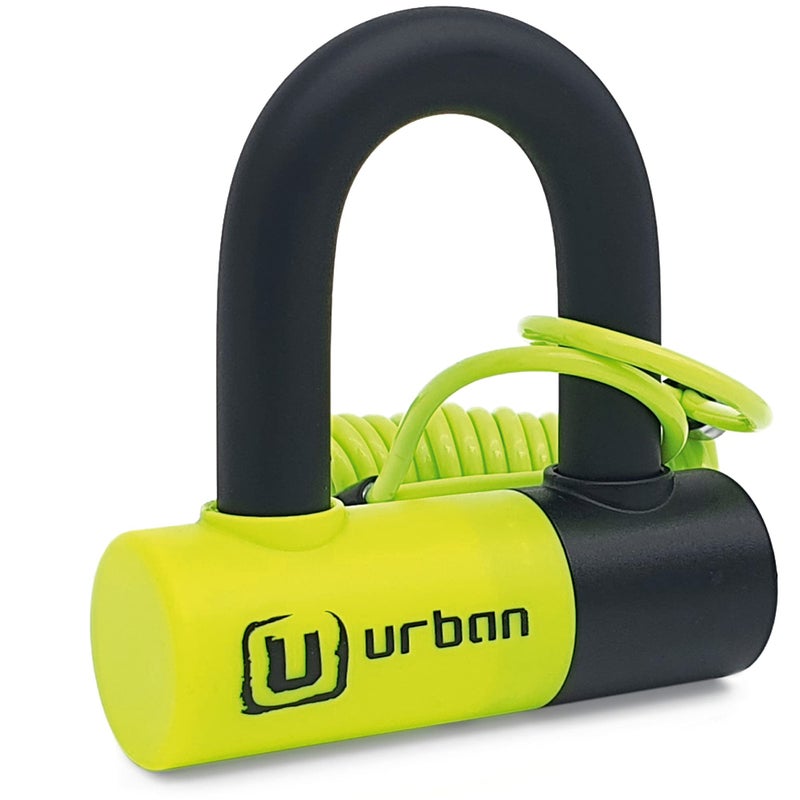 Urban UR59 Mini U Disc Lock 14 mm Double Locking Dual Function for Brake Lock or Chain 14mm Hardened Steel Shackle Reminder Cable Universal Anti Theft Wheel Lock for Motorcycle Scooter Bike
