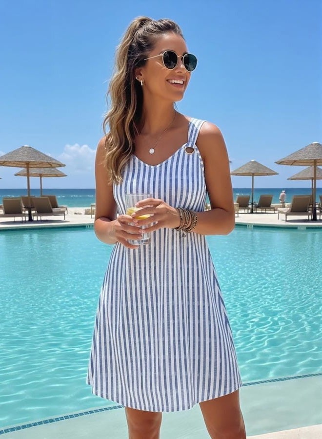 Disamer Summer Dresses for Women 2026 Sundresses Sleeveless Beach Swimsuit Cover Ups Spring Casual Tank Tshirt Sun Dress, Striped Navy, L - Image 2