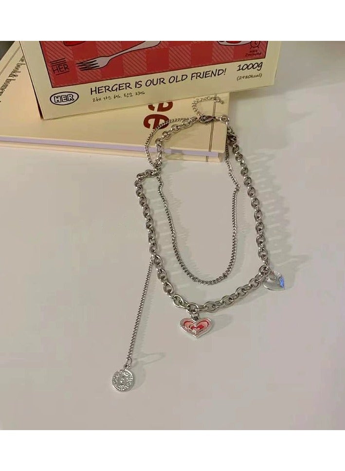 Goolsky Pink Heart Layered Necklace – Hip-Hop Inspired Double-Layer Collarbone Chain, Unique Indie Design Sweatshirt Chain  - Image 2