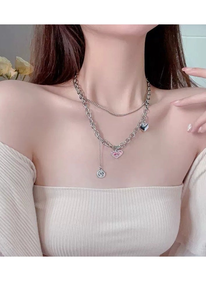 Goolsky Pink Heart Layered Necklace – Hip-Hop Inspired Double-Layer Collarbone Chain, Unique Indie Design Sweatshirt Chain  - Image 3