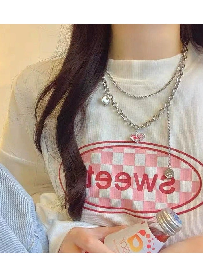Goolsky Pink Heart Layered Necklace – Hip-Hop Inspired Double-Layer Collarbone Chain, Unique Indie Design Sweatshirt Chain  - Image 4