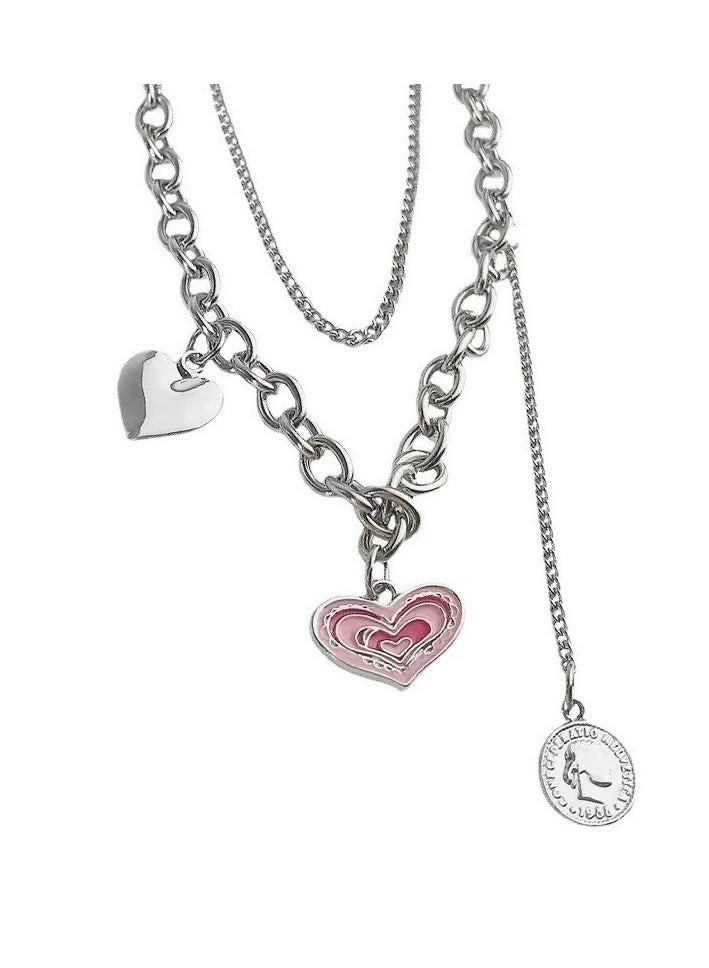 Goolsky Pink Heart Layered Necklace – Hip-Hop Inspired Double-Layer Collarbone Chain, Unique Indie Design Sweatshirt Chain  - Image 5