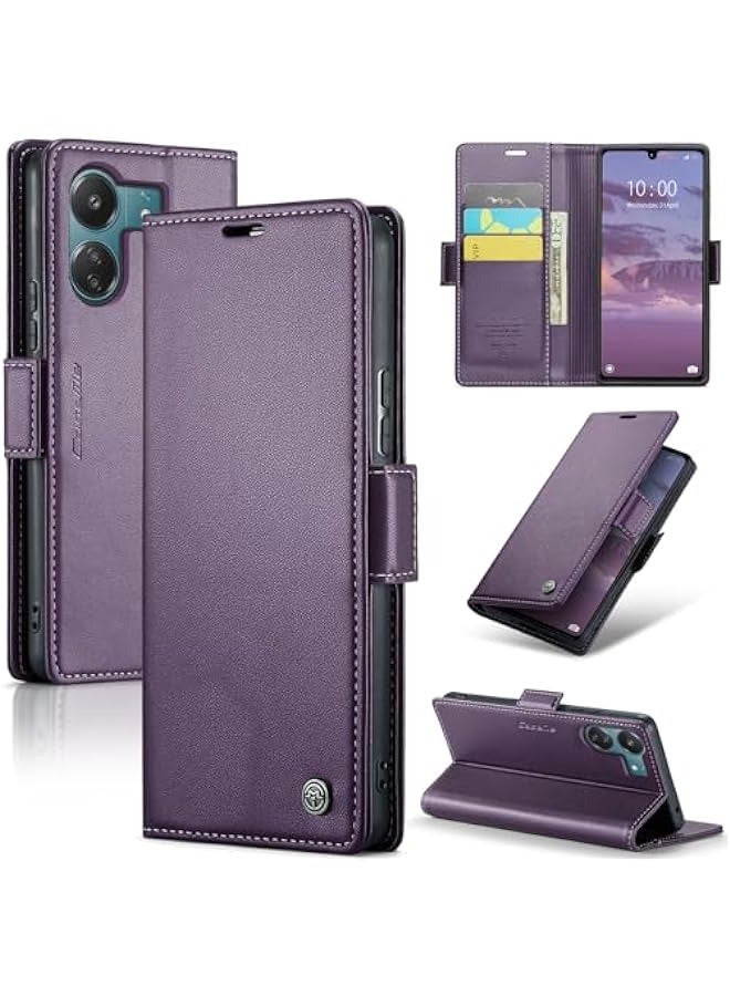 Premium Leather RFID Blocking Wallet Case for Xiaomi Redmi 13C 4G / Xiaomi Poco C65 - Magnetic Flip, Kickstand, Shockproof - Purple - Image 1