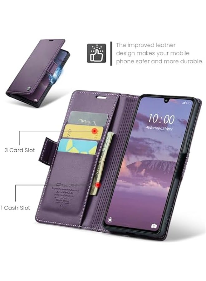 Premium Leather RFID Blocking Wallet Case for Xiaomi Redmi 13C 4G / Xiaomi Poco C65 - Magnetic Flip, Kickstand, Shockproof - Purple - Image 3