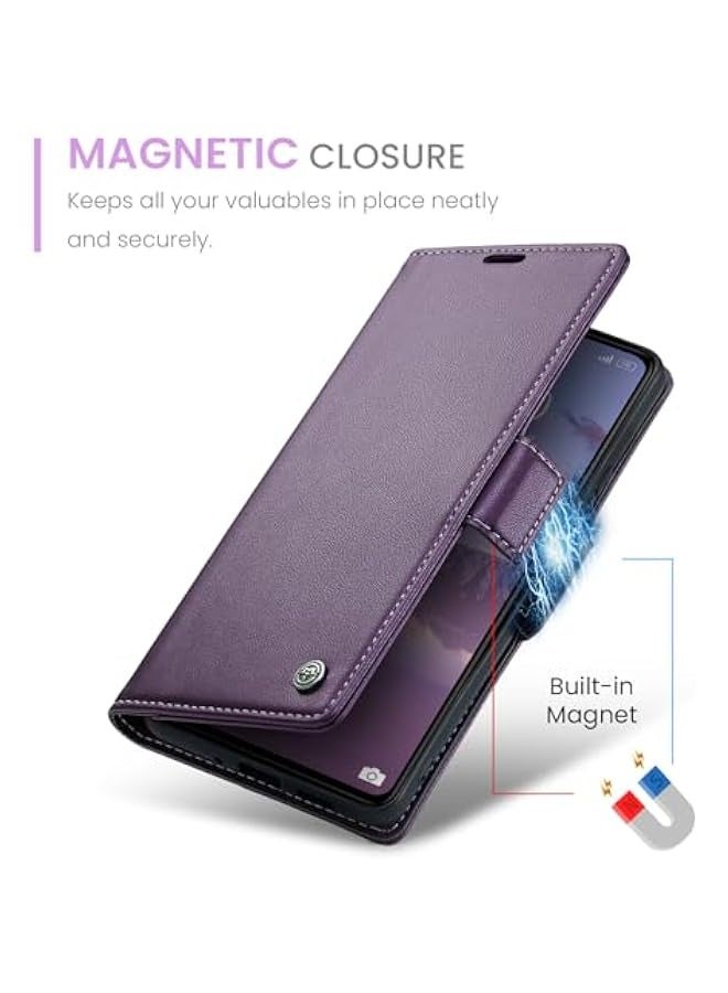Premium Leather RFID Blocking Wallet Case for Xiaomi Redmi 13C 4G / Xiaomi Poco C65 - Magnetic Flip, Kickstand, Shockproof - Purple - Image 4
