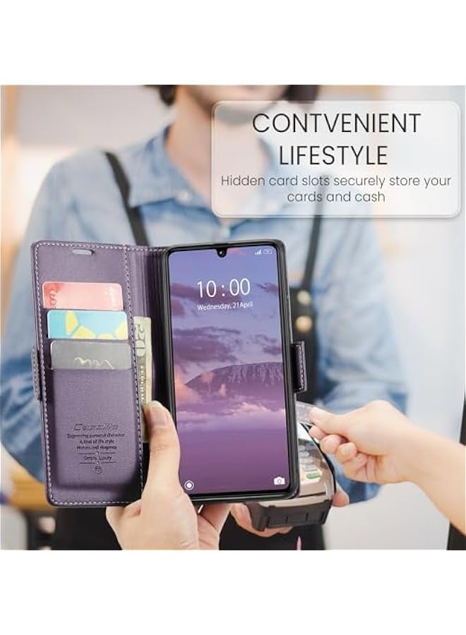 Premium Leather RFID Blocking Wallet Case for Xiaomi Redmi 13C 4G / Xiaomi Poco C65 - Magnetic Flip, Kickstand, Shockproof - Purple - Image 5