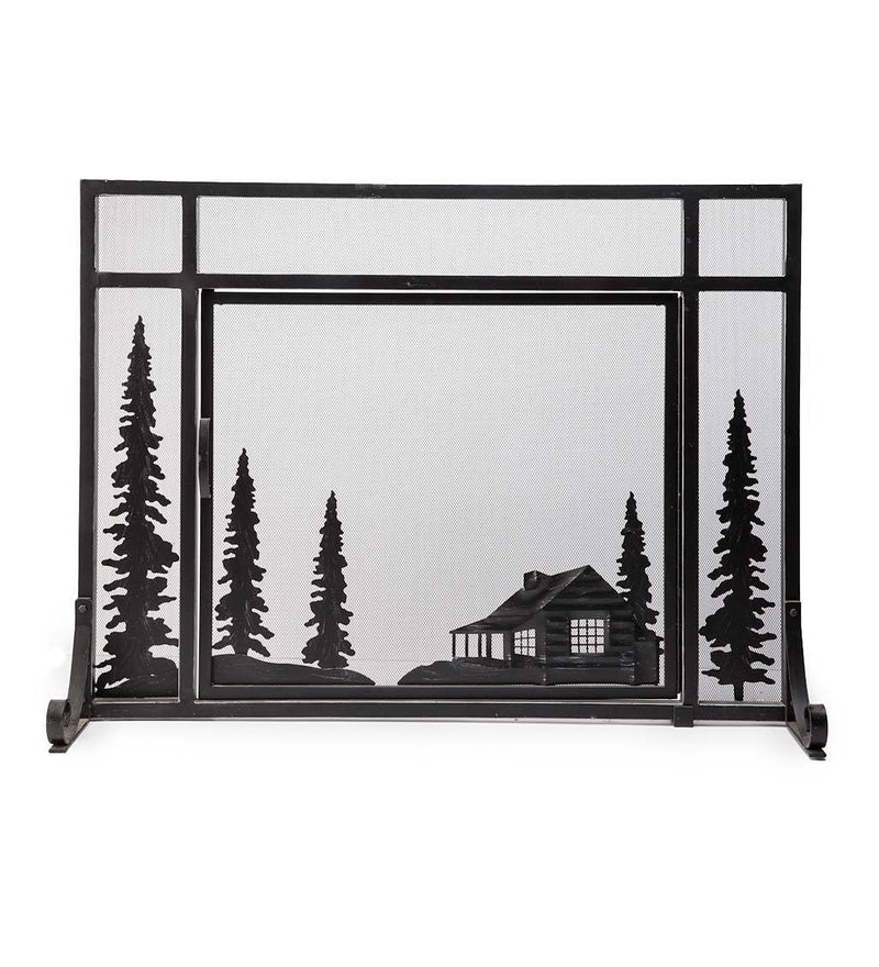Plow & Hearth Plow  Hearth Metal Fireplace Screen Cabin Flatguard Black  44 W x 33 H  Single Door  Spark Guard Indoor Grate  Iron Fire Place Cover  Wood Burning Stove Decorative Accessories 