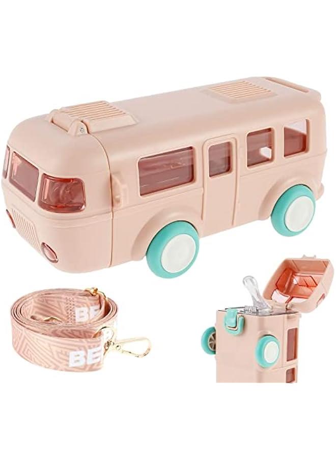 MIXDE Car Straw Water Cup, 16oz Summer Cute Bus Water Bottle with Shoulder Strap, Leak-Proof Kids Square Drinking Cup Cute Cartoon Water Jug Toy Locking Flip Lid Water Kettle for Kids (PINK) - Image 1
