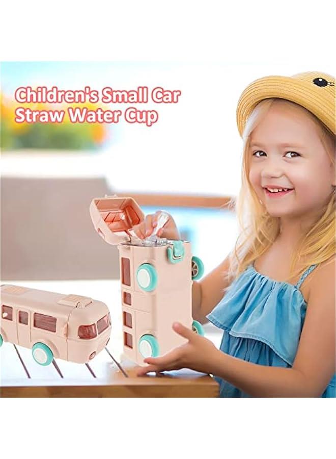 MIXDE Car Straw Water Cup, 16oz Summer Cute Bus Water Bottle with Shoulder Strap, Leak-Proof Kids Square Drinking Cup Cute Cartoon Water Jug Toy Locking Flip Lid Water Kettle for Kids (PINK) - Image 2