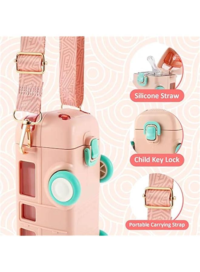 MIXDE Car Straw Water Cup, 16oz Summer Cute Bus Water Bottle with Shoulder Strap, Leak-Proof Kids Square Drinking Cup Cute Cartoon Water Jug Toy Locking Flip Lid Water Kettle for Kids (PINK) - Image 3