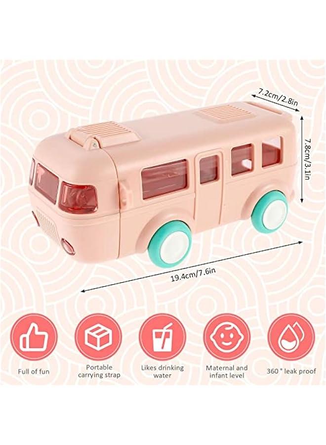 MIXDE Car Straw Water Cup, 16oz Summer Cute Bus Water Bottle with Shoulder Strap, Leak-Proof Kids Square Drinking Cup Cute Cartoon Water Jug Toy Locking Flip Lid Water Kettle for Kids (PINK) - Image 4