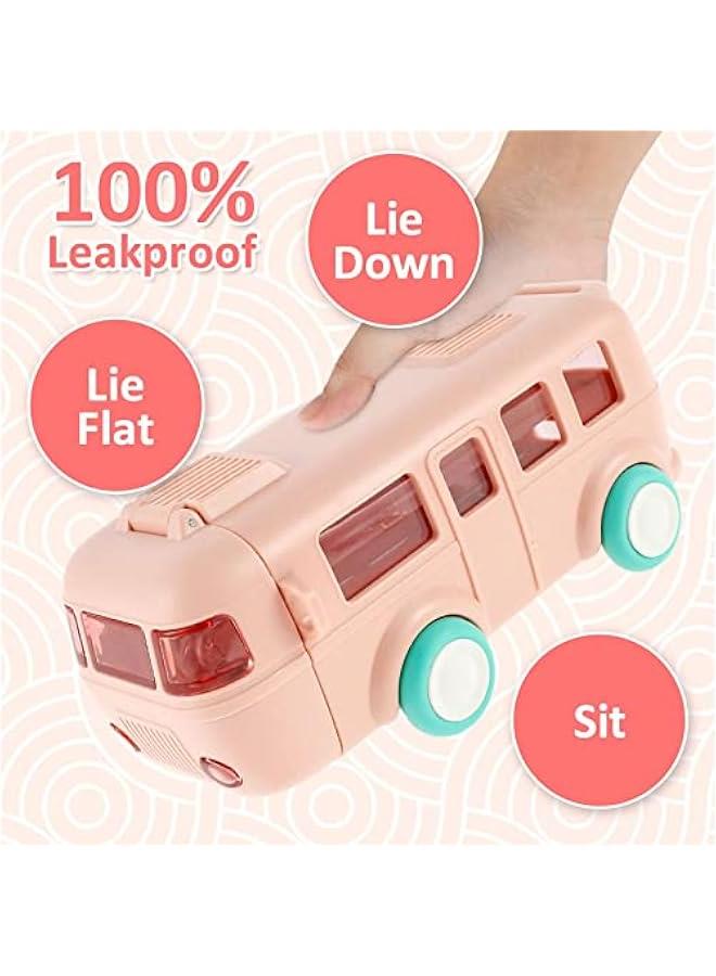 MIXDE Car Straw Water Cup, 16oz Summer Cute Bus Water Bottle with Shoulder Strap, Leak-Proof Kids Square Drinking Cup Cute Cartoon Water Jug Toy Locking Flip Lid Water Kettle for Kids (PINK) - Image 5