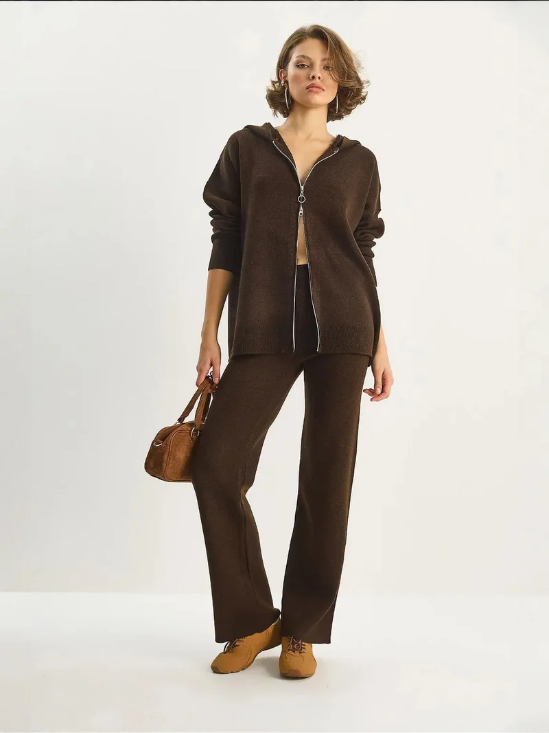 Bianco Lucci LUCCI High Waist Zipper Collar Cardigan and Pants Set