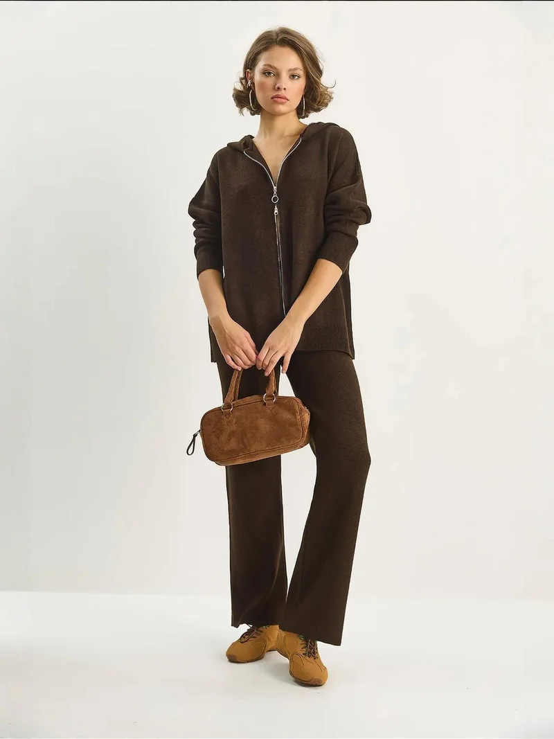Bianco Lucci LUCCI High Waist Zipper Collar Cardigan and Pants Set