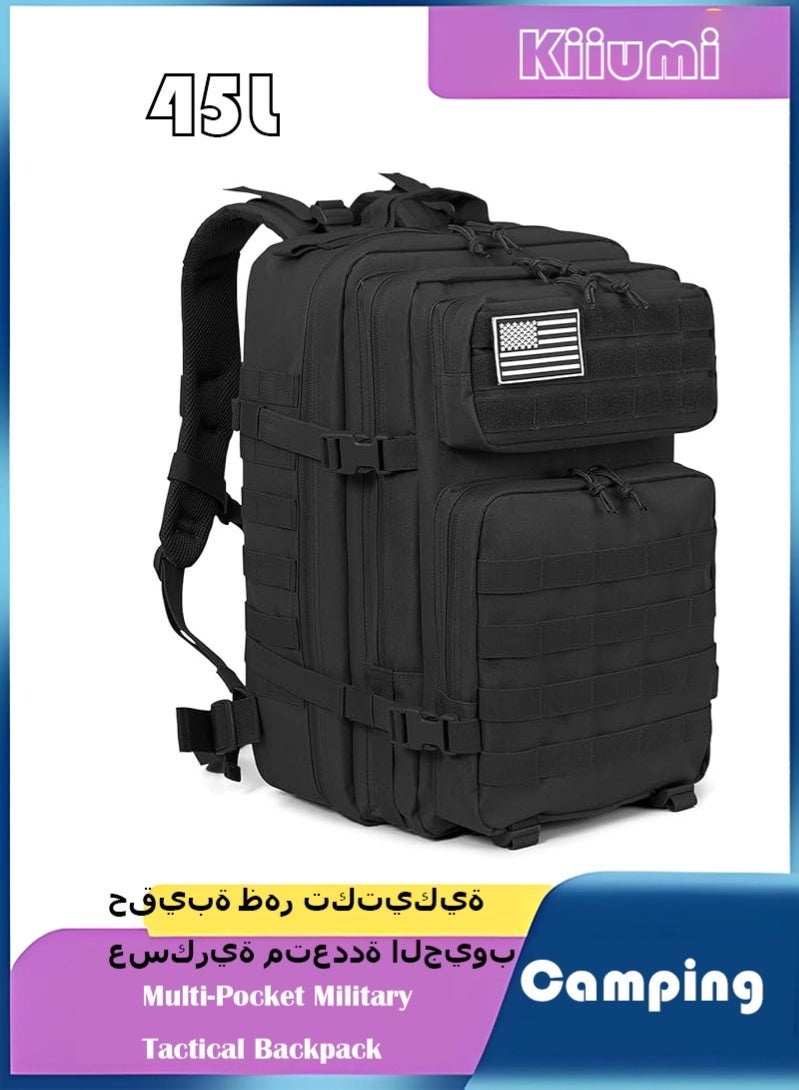 KIIUMI 45L Multi-Pocket Military Tactical Backpack ,Cycling Travel Mountaineering Men's Outdoor Sports Bag ,Comfortable Breathable Backpack ,Waterproof Multifunctional Casual Backpack,Black - Image 1