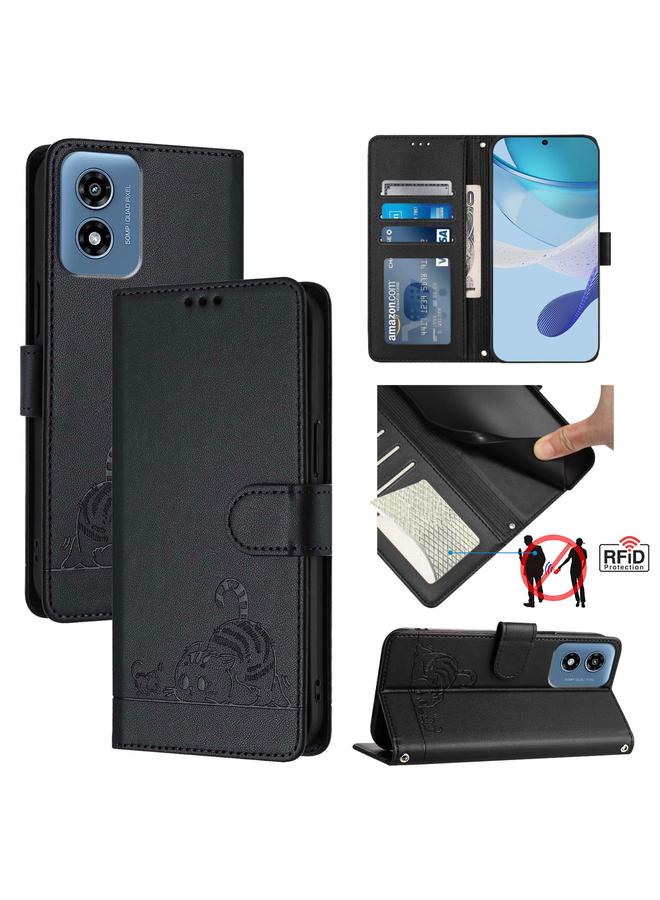 S-TOP Case For Motorola Moto G Play 5G 2024 Global Cat Rat Embossed Pattern RFID Leather Phone Case with Lanyard - Image 1