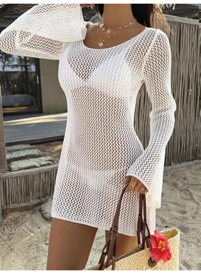 Beach Dress for Ladies | Women's Crochet Beach Cover Up Dress White | Fishnet Knit Bikini Cover Up | Hollow Out Swimsuit Cover-Up | Long Bell Sleeve Mini Beach Dress | Sheer Mesh Resort Wear | Summer Vacation Pool Cover Up | 100% Premium Acrylic | One Size EU XS-S-M - Image 1