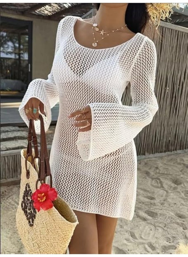 Beach Dress for Ladies | Women's Crochet Beach Cover Up Dress White | Fishnet Knit Bikini Cover Up | Hollow Out Swimsuit Cover-Up | Long Bell Sleeve Mini Beach Dress | Sheer Mesh Resort Wear | Summer Vacation Pool Cover Up | 100% Premium Acrylic | One Size EU XS-S-M - Image 2