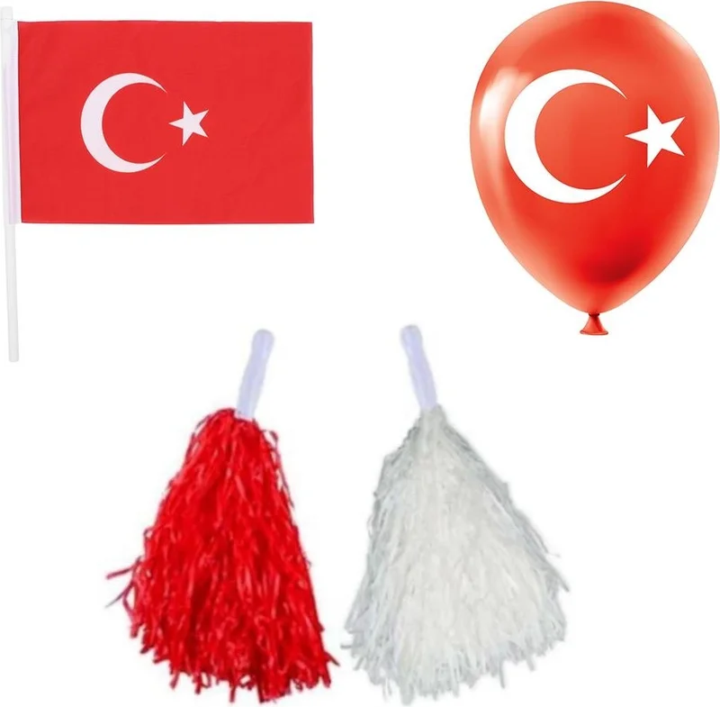 ماشو تريند 1 Pair Matte Red White Pompom + 1 Flag + 1 Balloon - Cheerleader Show Pompom - 23 April Pompom