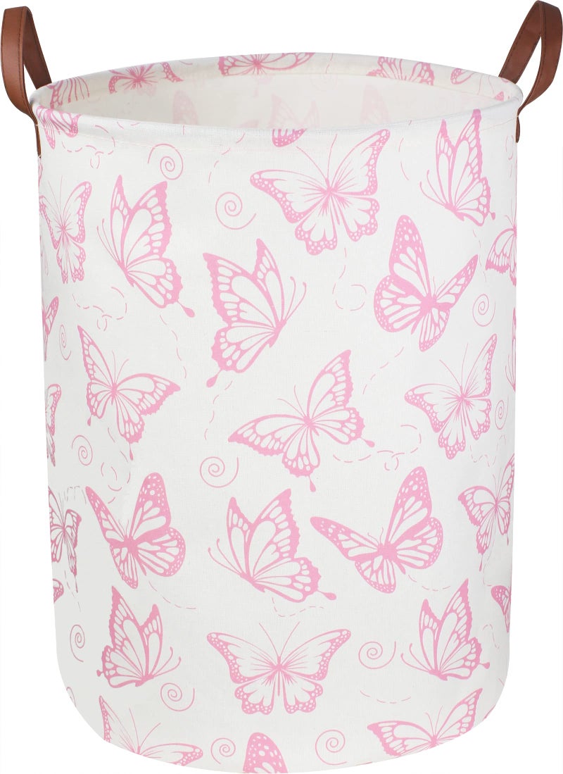 CLOCOR Pink Laundry Basket,Waterproof Nursery Hamper for Baby Girl ,Collapsible Storage Baskets for Girls Bedroom,Kids Toys Storage Bin,Room Decor,Gift Basketï¼ˆPink Butterfly - Image 1