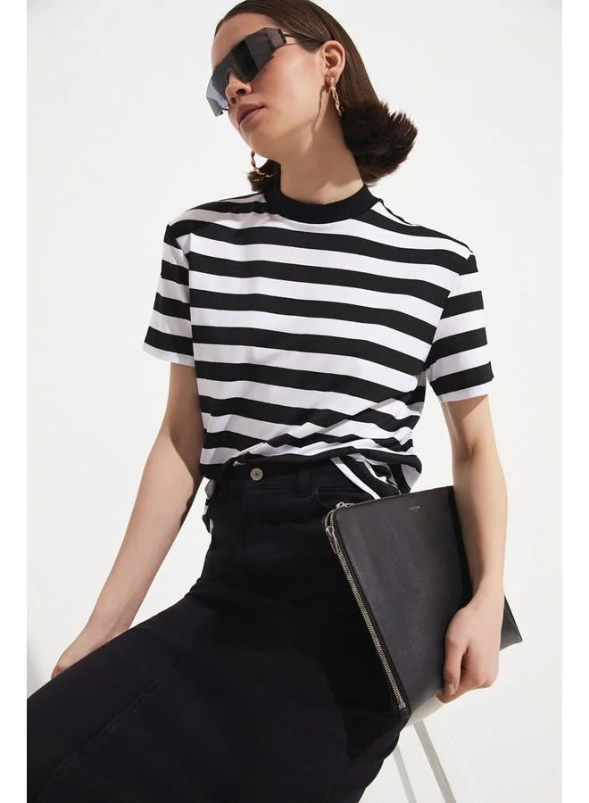 جون June Striped Crew Neck Tshirt Black - White