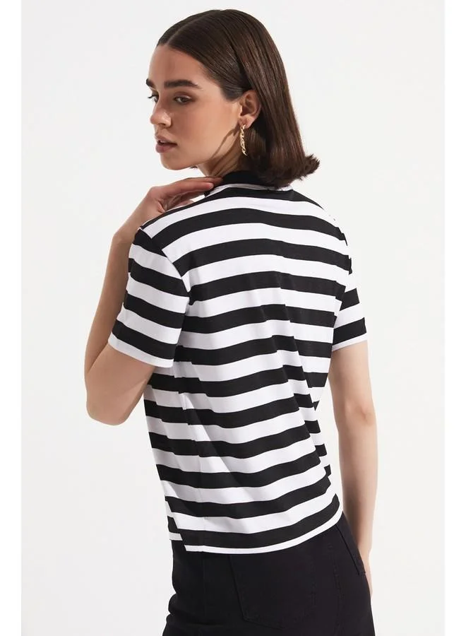 جون June Striped Crew Neck Tshirt Black - White