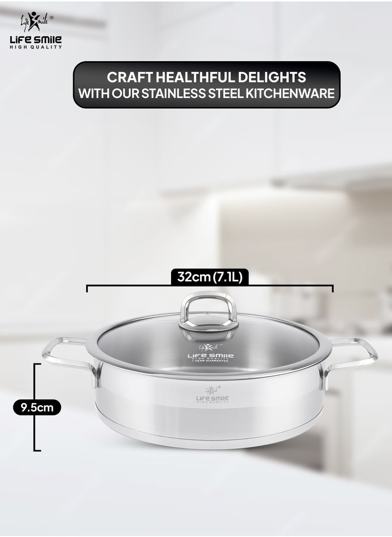 Life Smile 32cm (7.1 Liter) LIFE SMILE Shallow Pot with Lid Big Size - 18/10 Pure Stainless Steel - Induction Base Double Handle Fry Pan - Non-Toxic, 100% PFOA, PTFE & PFOS Free - Oven Safe Saute Pan  - Image 3