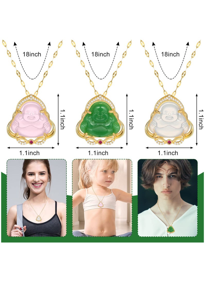 Zikra قلادة تميمة بوذا من اليشم مع سلسلة بوذا المبتسم، قلادة لامعة، مجوهرات رقيقة للنساء والرجال (3 قطع) - Image 5