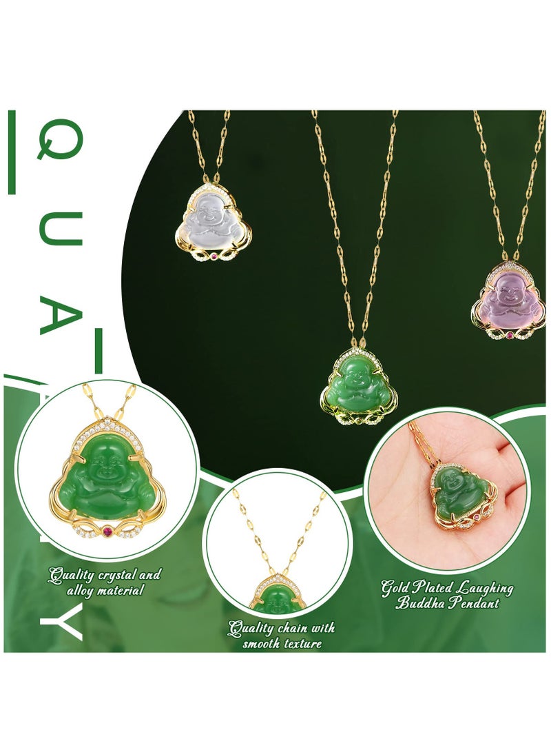 Zikra قلادة تميمة بوذا من اليشم مع سلسلة بوذا المبتسم، قلادة لامعة، مجوهرات رقيقة للنساء والرجال (3 قطع) - Image 4