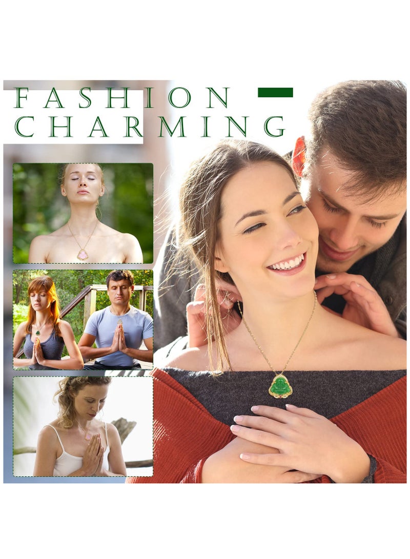 Zikra قلادة تميمة بوذا من اليشم مع سلسلة بوذا المبتسم، قلادة لامعة، مجوهرات رقيقة للنساء والرجال (3 قطع) - Image 3