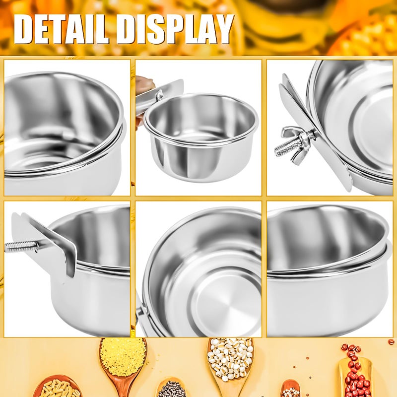 MotBach 2 Pack Stainless Steel Bird Feeding Dish Cups, Bird Feeder Parrot Food Water Bowls with Clamp, Pet Cage Cups Holder for Bird Parrot Cockatiel Conure Budgies Parakeet Small Animal - Image 3