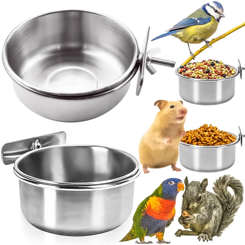MotBach 2 Pack Stainless Steel Bird Feeding Dish Cups, Bird Feeder Parrot Food Water Bowls with Clamp, Pet Cage Cups Holder for Bird Parrot Cockatiel Conure Budgies Parakeet Small Animal - Image 1