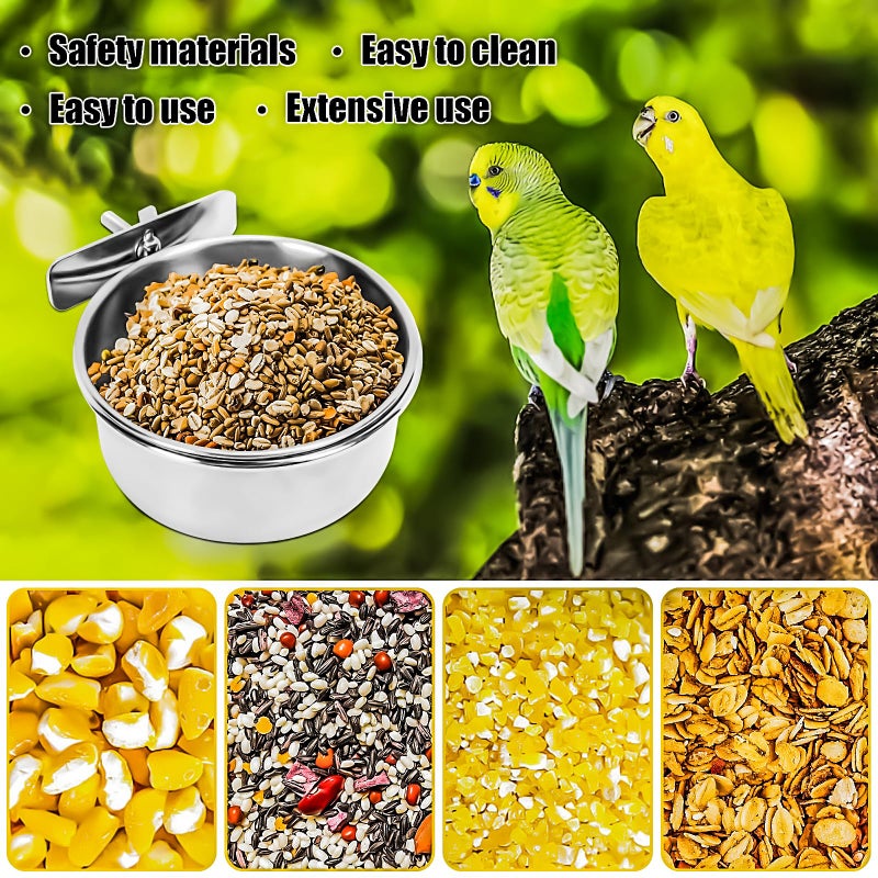 MotBach 2 Pack Stainless Steel Bird Feeding Dish Cups, Bird Feeder Parrot Food Water Bowls with Clamp, Pet Cage Cups Holder for Bird Parrot Cockatiel Conure Budgies Parakeet Small Animal - Image 4