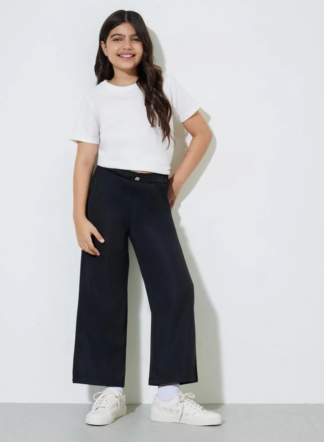 Styli Teen Girls Black Solid Wide Leg Casual Trousers