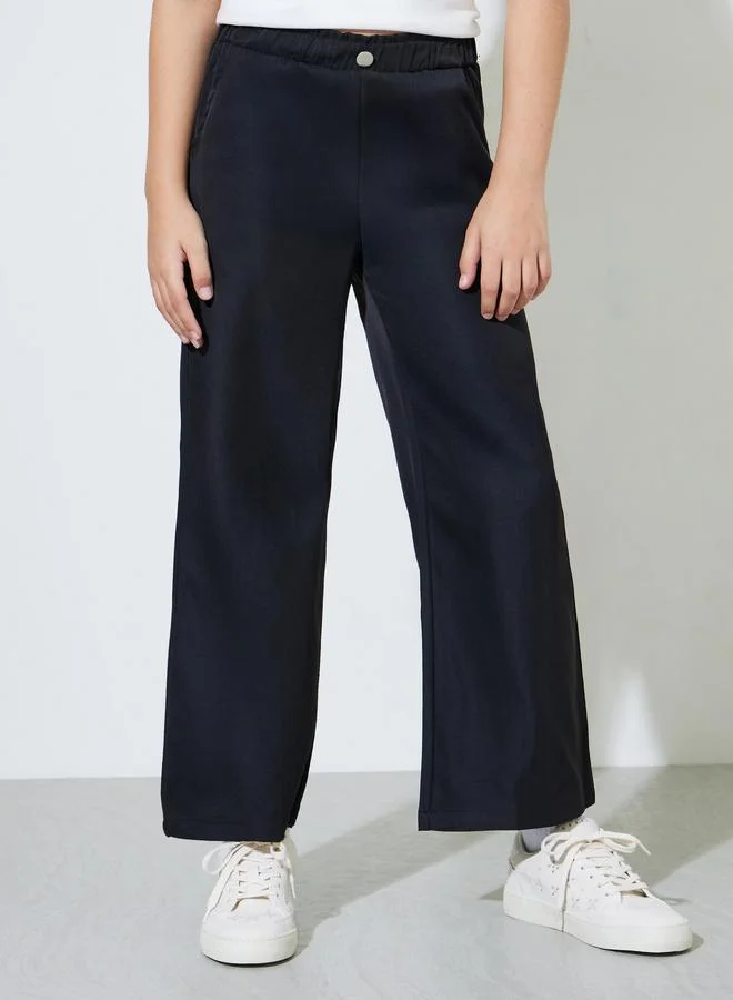 Styli Teen Girls Black Solid Wide Leg Casual Trousers