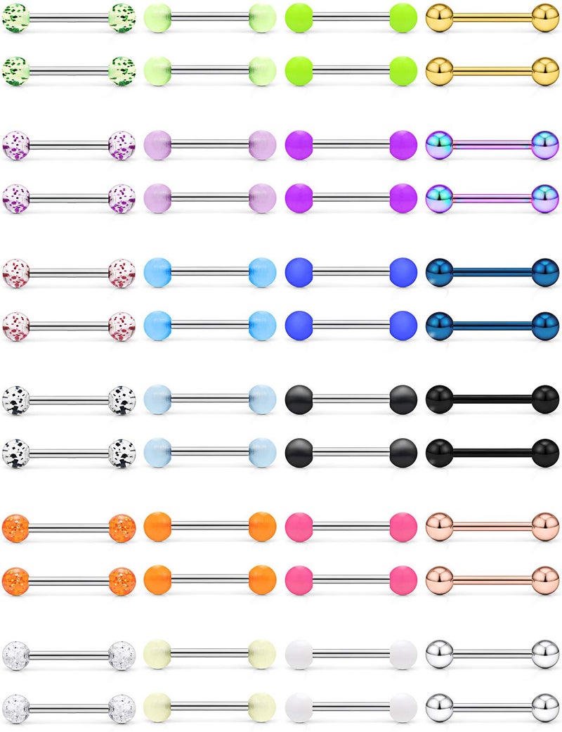 Ftovosyo 48PCS 16G 14MM Nipple Rings Straight Barbells Surgical Steel Tongue Rings Nipplerings Body Piercing Jewelry for Women Men Silver-Tone Rose Gold Black Glow in The Dark Ball