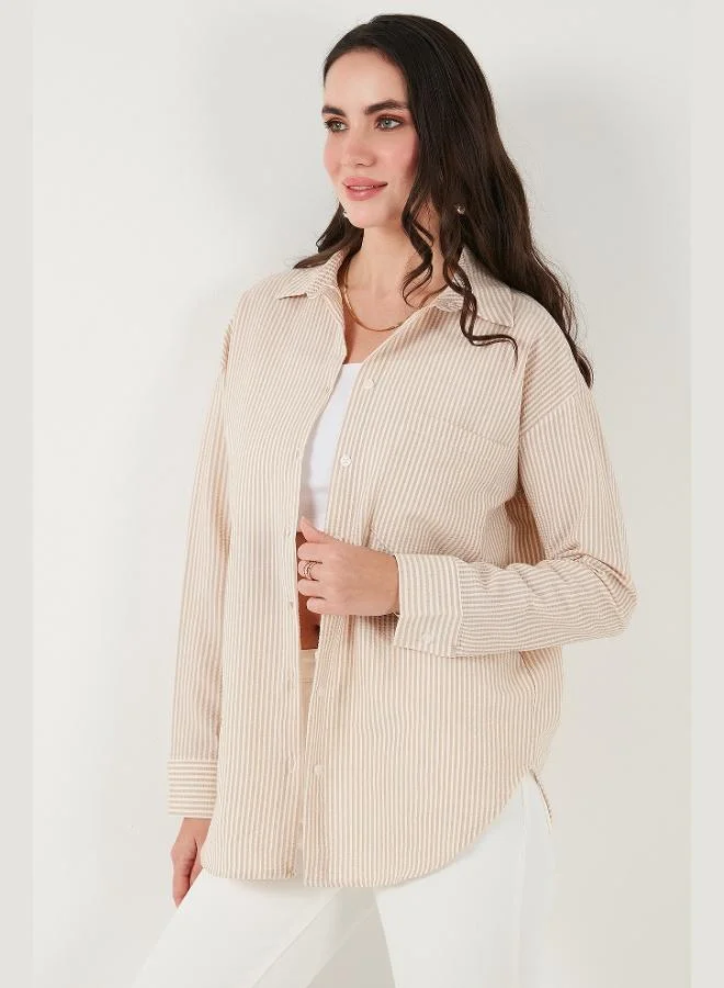 ليلا قميص نسائي مخطط بأكمام طويلة بقصة عادية وجيب
