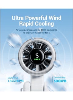 Aookay Portable Handheld Turbo Fan: 5000mAh Battery 5 Gear Wind Personal Fans Hand Fan Portable Rechargeable - 12 Hours Pocket Fan 3 in 1 Hand Held Fan - Portable Fan for Travel Outdoor Indoor (White)  - Image 3