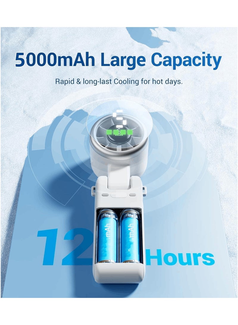 Personal Portable Handheld Fan: 5000mAh Battery Powered Rechargeable 20H Runtime - 5 Speeds Turbo Cooling Technology Hand Held Fans for Outdoor Travel Camping Hiking (White)