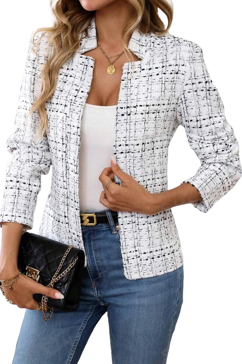 ELLEVEN Womens Blazer Business Casual Suit Jacket Tweed Blazers for Women Slim Fit Fitted Long Sleeve Stand Collar Blazer Dressy Full Lining Coat Cardigan with Padded Shoulder White XX-Large - Image 1