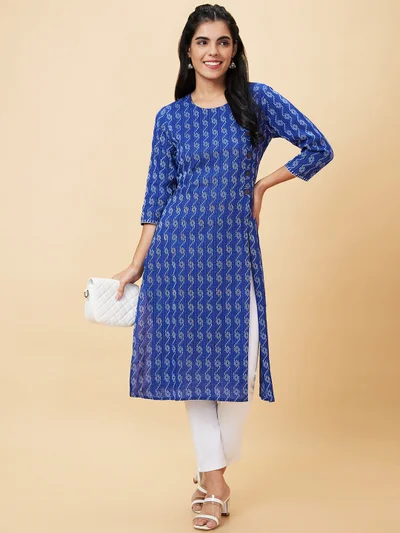 globus Globus Women Blue Abstract Printed Pure Cotton Straight Kurta