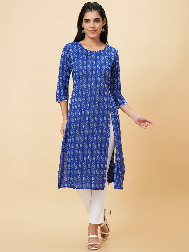 globus Globus Women Blue Abstract Printed Pure Cotton Straight Kurta