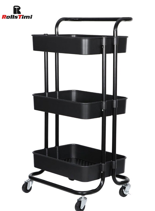 RollsTimi  3 Tier Utility Rolling Storage Cart With Handles And Lockable Wheels Black 43x36x86.5cm - Image 1