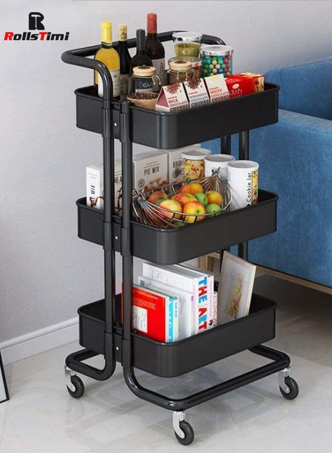 RollsTimi  3 Tier Utility Rolling Storage Cart With Handles And Lockable Wheels Black 43x36x86.5cm - Image 3