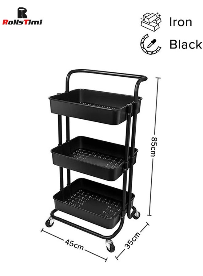RollsTimi  3 Tier Utility Rolling Storage Cart With Handles And Lockable Wheels Black 43x36x86.5cm - Image 2